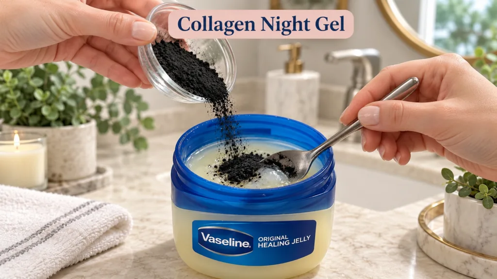Hands preparing DIY collagen night gel pouring black powder into a Vaseline jar with jelly spoon ready to mix