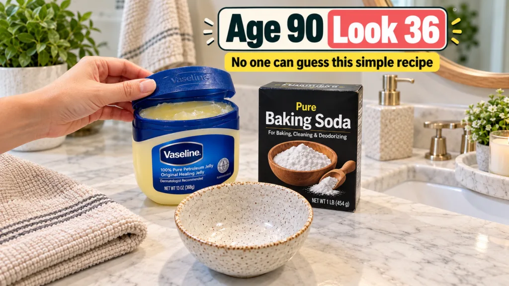 A tub of Vaseline a box of baking soda and a small mixing bowl on a bathroom counter ready to be used for a DIY face mas