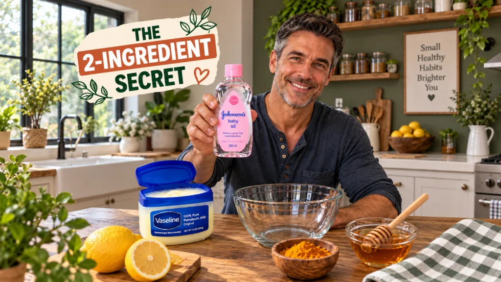 A smiling man holding Johnson s baby oil behind a counter with Vaseline lemons turmeric and honey with green plants and 