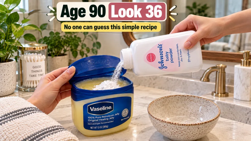 Close-up of hands mixing white baby powder into a large tub of yellow Vaseline petroleum jelly on a bathroom counter The