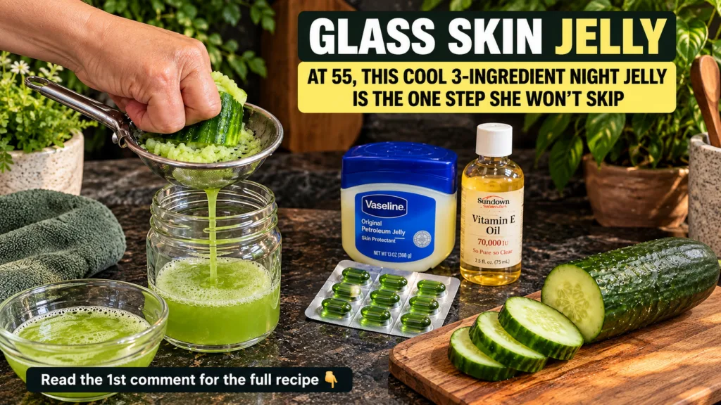 A hand squeezing grated cucumber through a strainer into a glass jar extracting green juice with Vaseline Vitamin E oil 