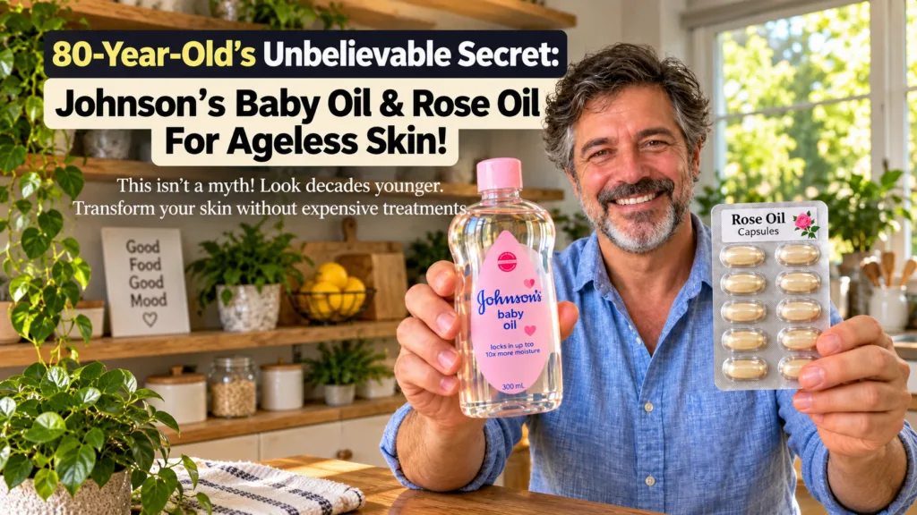 A cheerful middle-aged man holding up a bottle of Johnson s Baby Oil and a blister pack of Rose Oil Capsules smiling at