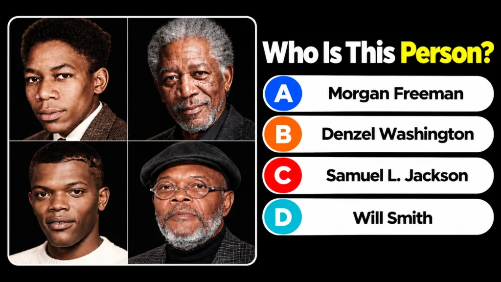 A multiple-choice quiz image featuring four headshots of African American men including Morgan Freeman and Samuel L Jack