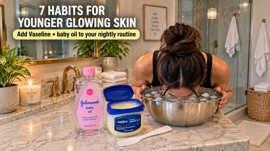 A person performing an ice facial leaning over a bowl of ice water with Vaseline and baby oil prominently displayed on a