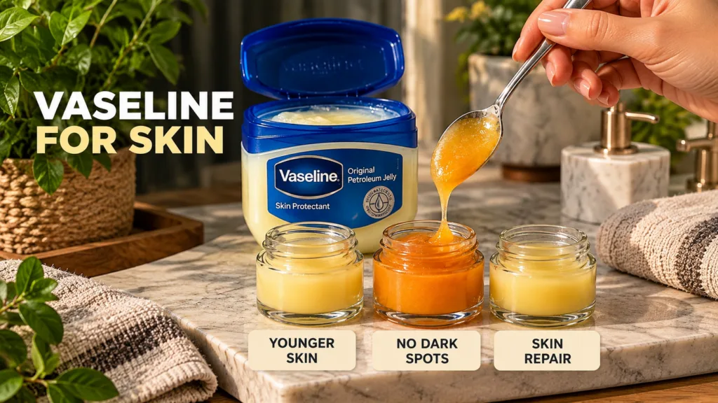 A tub of Vaseline Original Petroleum Jelly with its lid open behind three small glass jars containing different colored