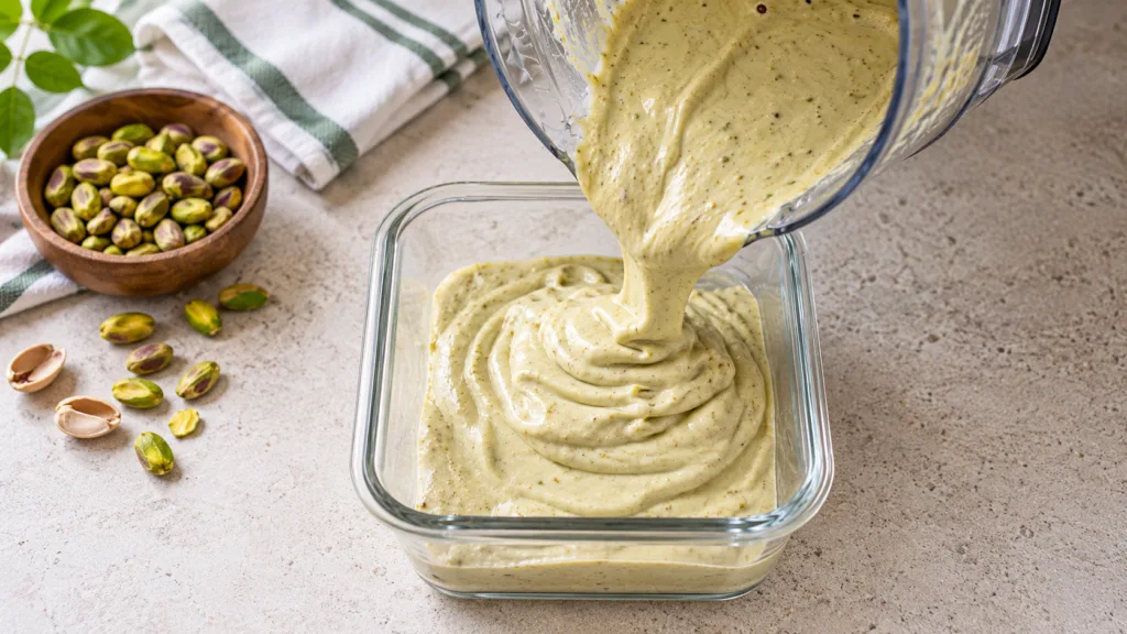 Thick light green creamy pistachio substance being poured from a clear blender into a rectangular glass container Shelle