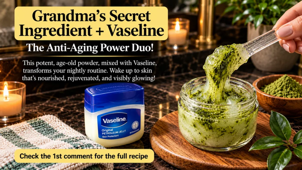 A beauty product setup featuring a jar of Vaseline a glass container holding a green viscous mixture with a spoon a bowl