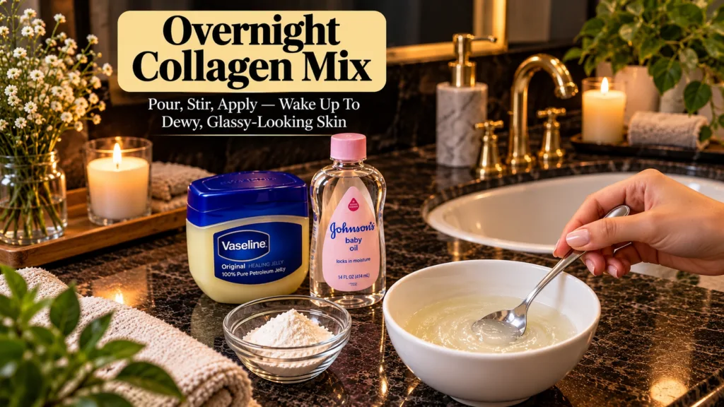 A hand stirring a viscous liquid in a white bowl on a dark marble countertop surrounded by a tub of Vaseline a bottle of