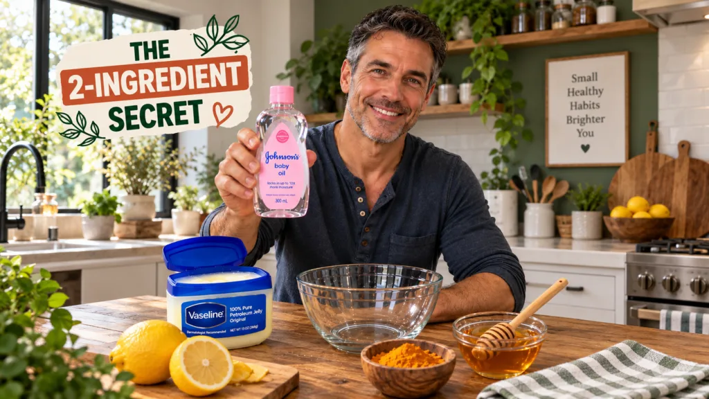 A smiling man holding up a bottle of Johnson s baby oil with an open tub of Vaseline lemons turmeric and honey on a wood