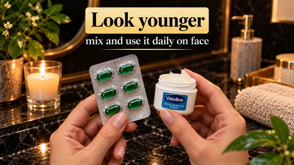 A close-up top-down shot of hands holding a blister pack of green Vitamin E capsules and a small open tub of Vaseline Pe