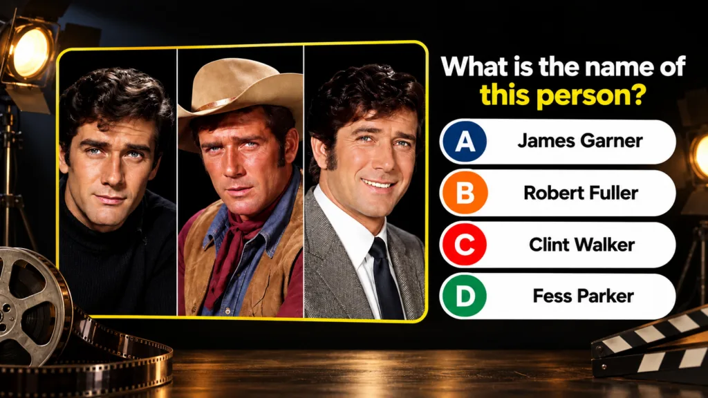 A quiz image showing three portraits of actor Robert Fuller side-by-side with a question and multiple-choice options