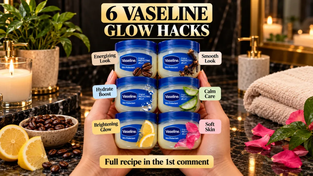 Six small jars of Vaseline Original Protecting Jelly each paired with a natural ingredient coffee beans cloves water dro