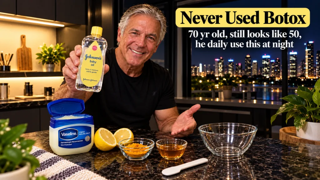 A smiling older man holding up a bottle of Johnson s Baby Oil with a tub of Vaseline lemon halves turmeric powder and a 