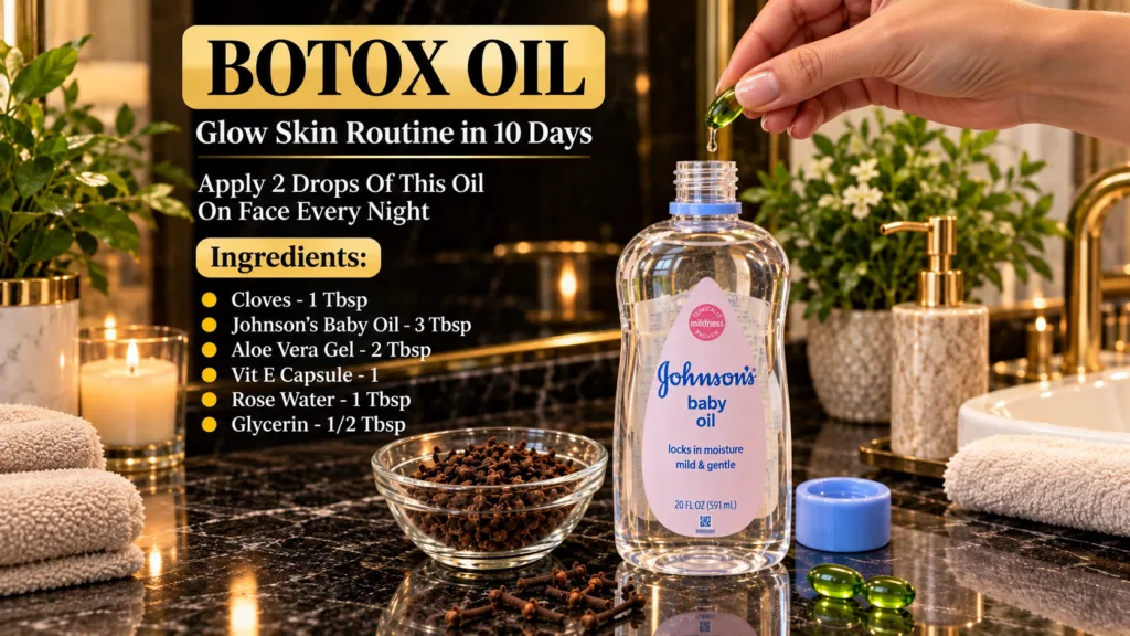 A flat lay showing a hand dripping oil from a green capsule into a bottle of Johnson s Baby Oil with a bowl of cloves lo