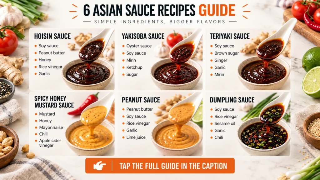 A vibrant grid showcasing six distinct Asian sauce recipes each with its ingredients listed Each square features a white