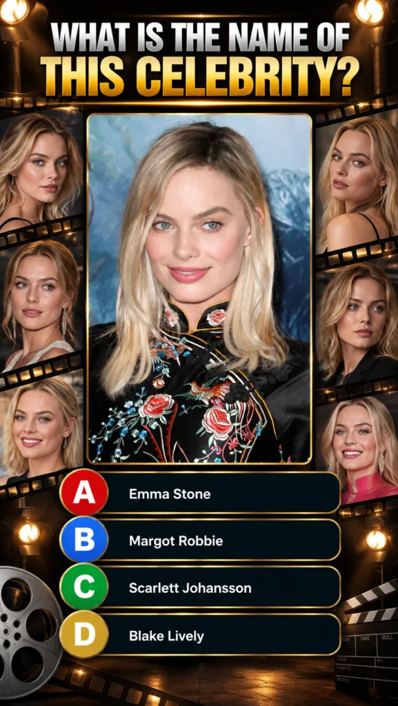 The celebrity quiz image featuring Margot Robbie in various poses with the question WHAT IS THE NAME OF THIS CELEBRITY a