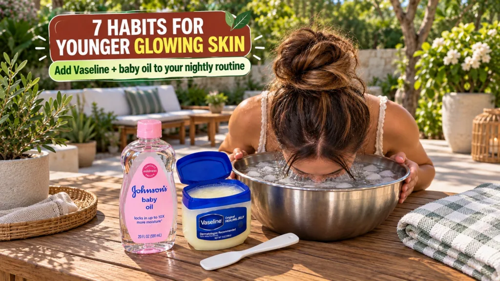 A person s face submerged in a metal bowl filled with ice water with baby oil and Vaseline jars on a wooden table beside
