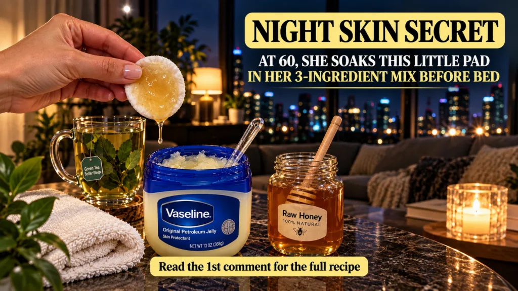 A hand holding a cotton pad with golden liquid with jars of Vaseline and honey and a mug of green tea on a dark surface