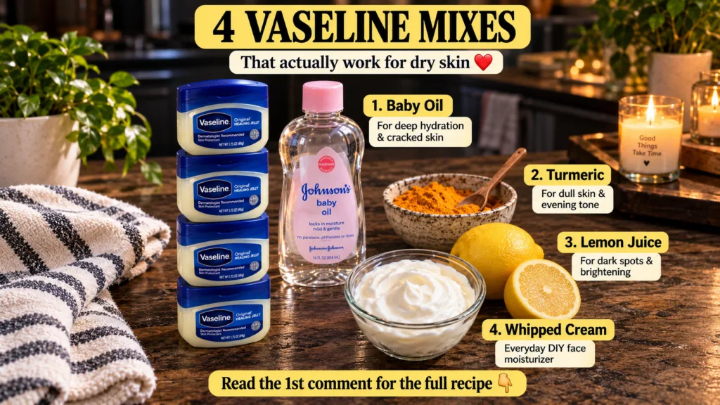 A flat lay of skincare ingredients and products on a wooden surface featuring Vaseline jars Johnson s Baby Oil turmeric 