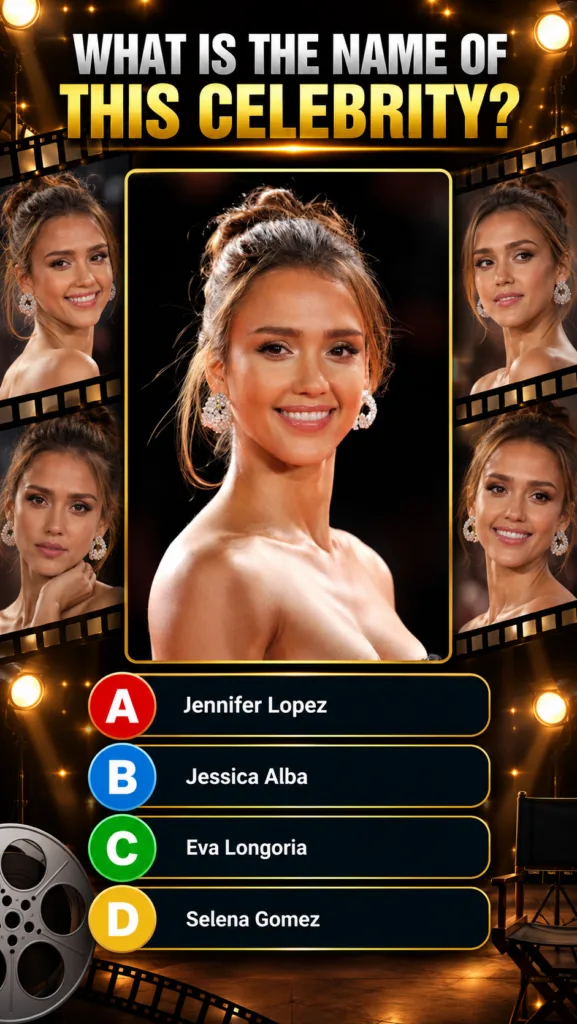 A quiz image featuring Jessica Alba s portrait with multiple choice options for her name