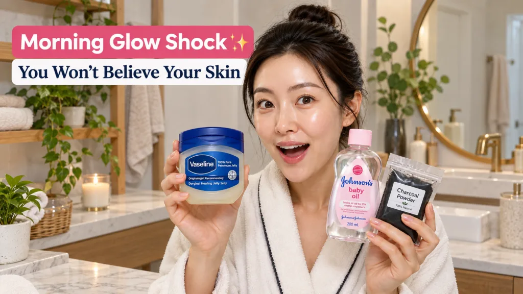A young Asian woman with a radiant surprised expression holding Vaseline Petroleum Jelly Johnson s Baby Oil and a packet