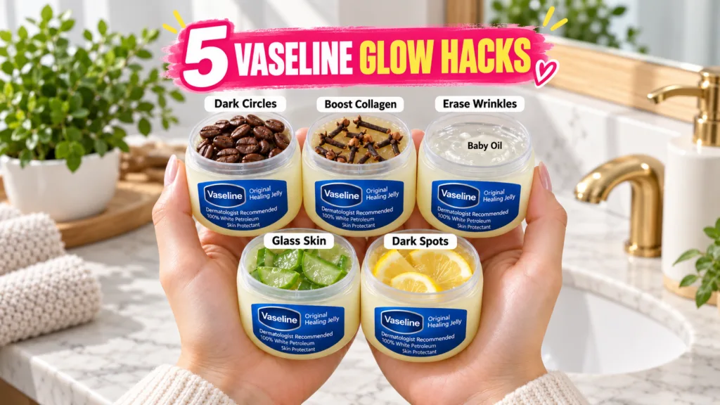 Two hands holding five open jars of Vaseline Original Healing Jelly each mixed with different natural ingredients like c