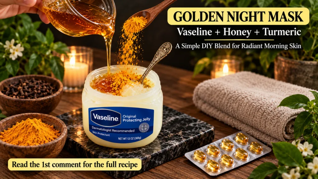 A DIY skincare setup showing a jar of Vaseline honey being poured into it and turmeric powder being sprinkled from a woo