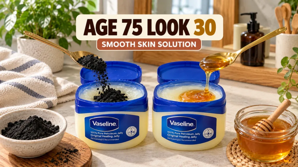 Two open tubs of Vaseline on a countertop A golden spoon pours dark charcoal powder into one and another golden spoon dr
