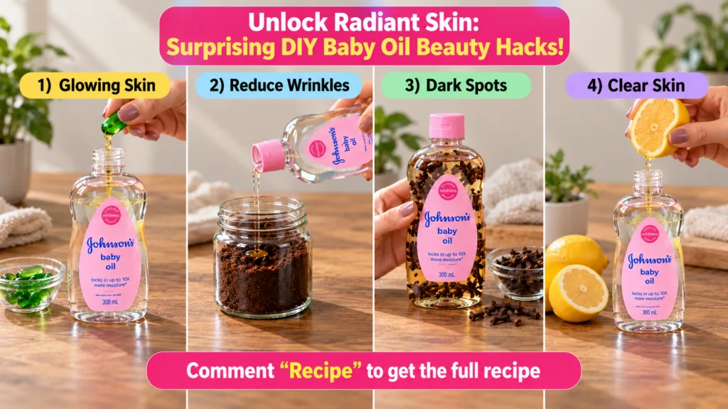 A four-panel grid showcasing various DIY beauty hacks using Johnson s baby oil combined with natural ingredients like gr