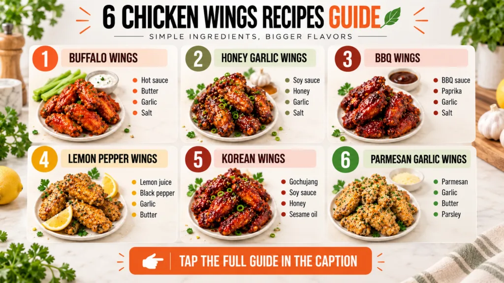 A vibrant collection of six different vegan wing recipes each presented on a small plate with a distinct flavor and a li