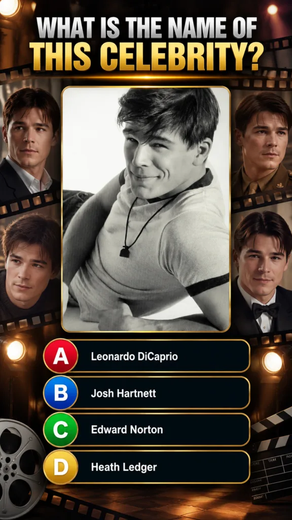 A celebrity quiz featuring a black and white portrait of a young Josh Hartnett surrounded by smaller color photos of him