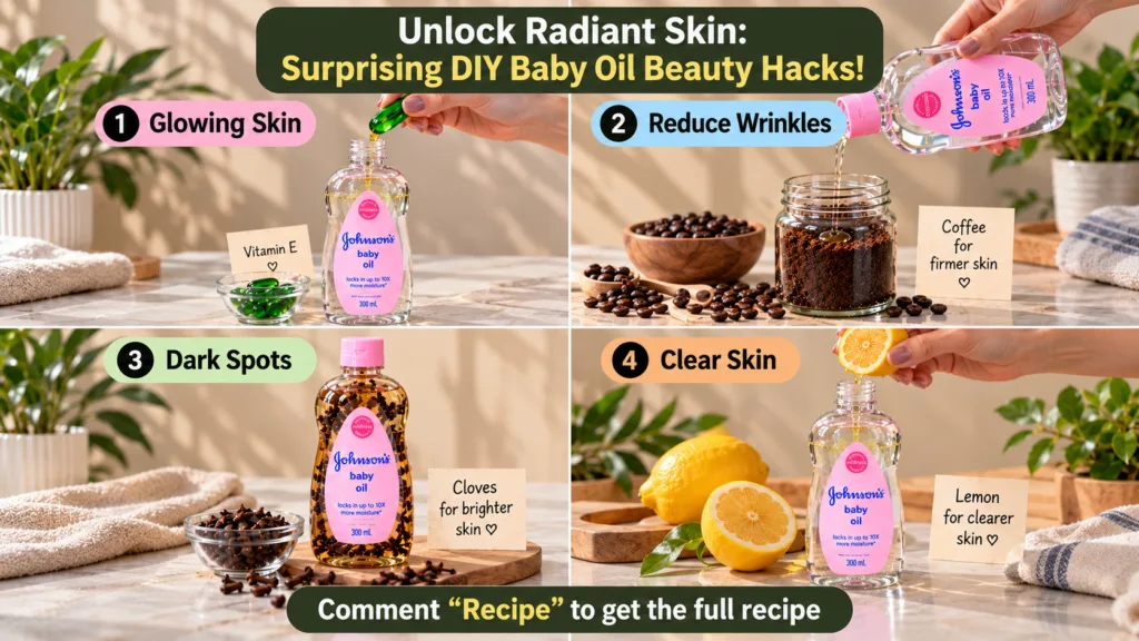 A 2x2 grid showing four DIY beauty hacks with baby oil one with Vitamin E one with coffee grounds one with cloves and on