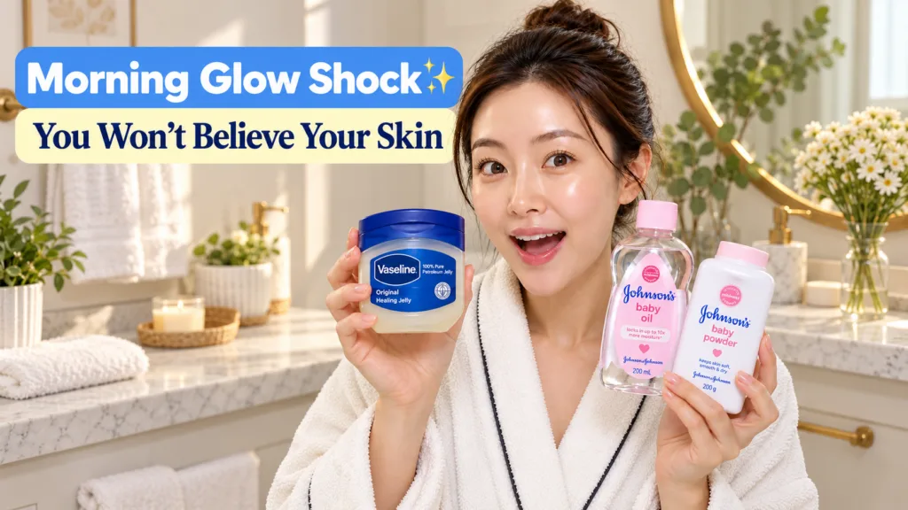 A cheerful young woman with radiant glowing skin smiling and holding Vaseline Original Healing Jelly Johnson s Baby Oil 