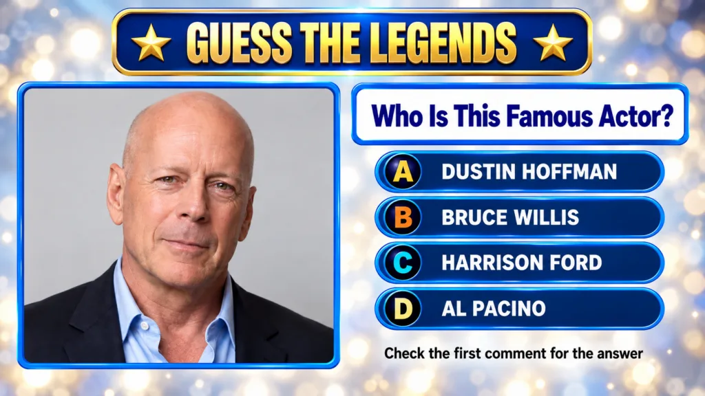 A social media quiz card featuring a headshot of actor Bruce Willis with the question Who Is This Famous Actor and four 