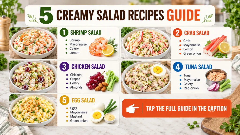 An infographic showcasing 5 different creamy vegan salad recipes Each panel features a delicious-looking bowl of salad e