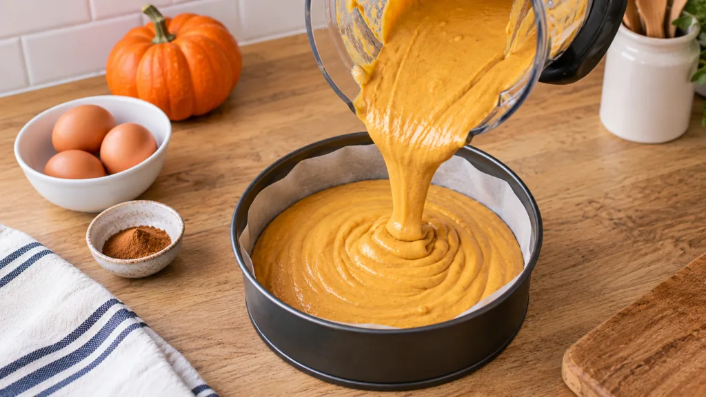 Pumpkin batter being poured from a glass blender into a round baking pan lined with parchment paper with a small pumpkin