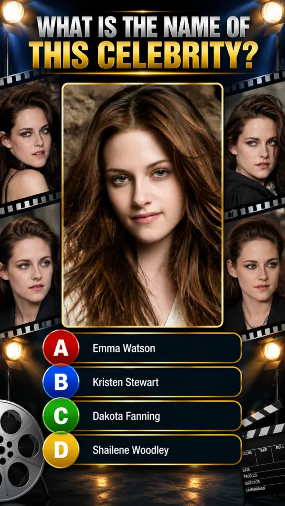 A captivating portrait of young Kristen Stewart similar to the quiz image looking calmly at the viewer with her brown ha