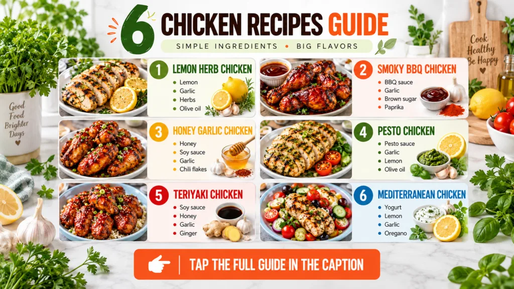 A visually appealing infographic displaying six different vegan dishes each with a photo of the finished meal and its ke