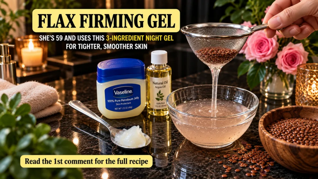 A hand holding a sieve dripping translucent flaxseed gel into a glass bowl Nearby are a tub of Vaseline a bottle of arga