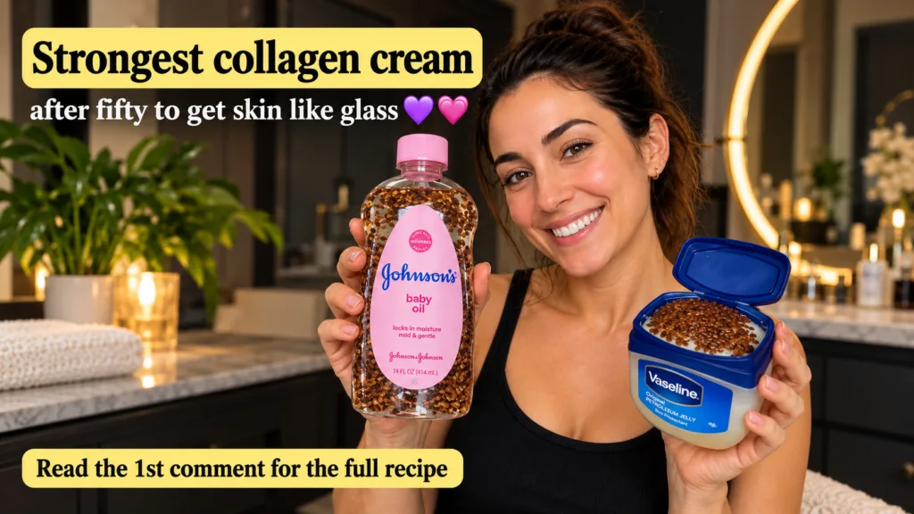 A smiling woman holding a bottle of Johnson s baby oil filled with flax seeds in one hand and an open tub of Vaseline to
