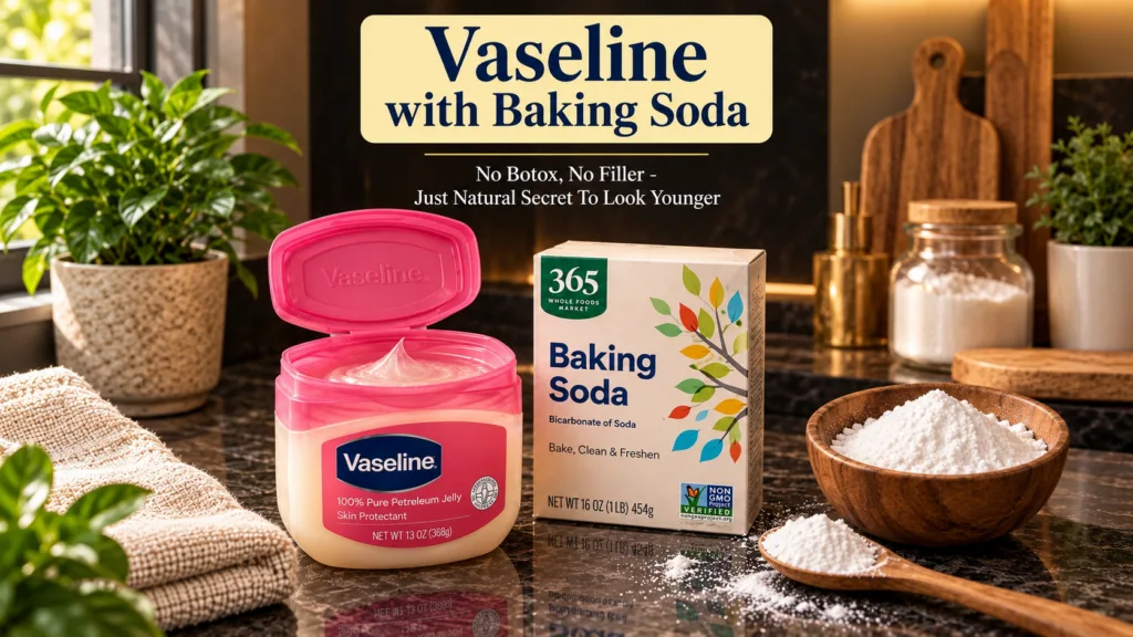An open tub of Vaseline petroleum jelly next to a box of baking soda with some baking soda in a small wooden bowl and sp