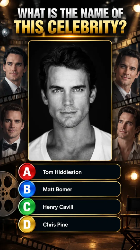 Quiz graphic showing multiple portraits of Matt Bomer against a classic Hollywood backdrop with film reels and spotlight