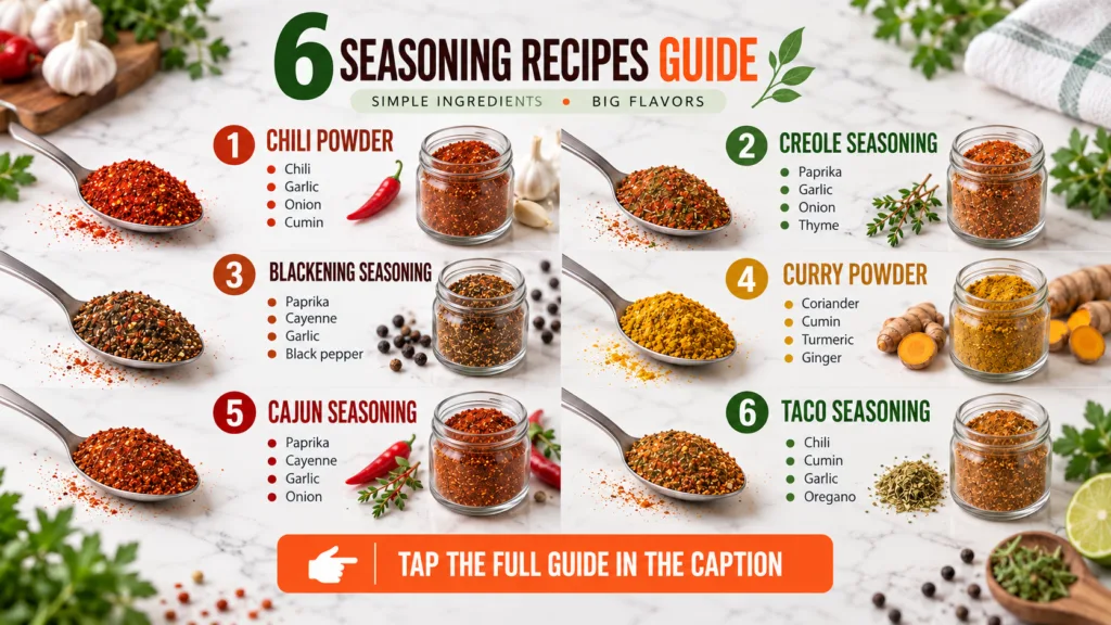 A vibrant and organized guide featuring six distinct seasoning recipes each with a spoonful of seasoning a jar and key i