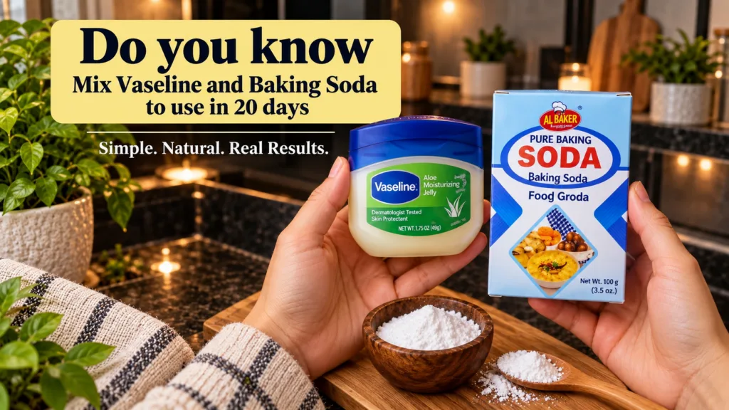 Hands holding a jar of Vaseline Aloe Moisturizing Jelly and a box of baking soda with white powder in a wooden bowl and 