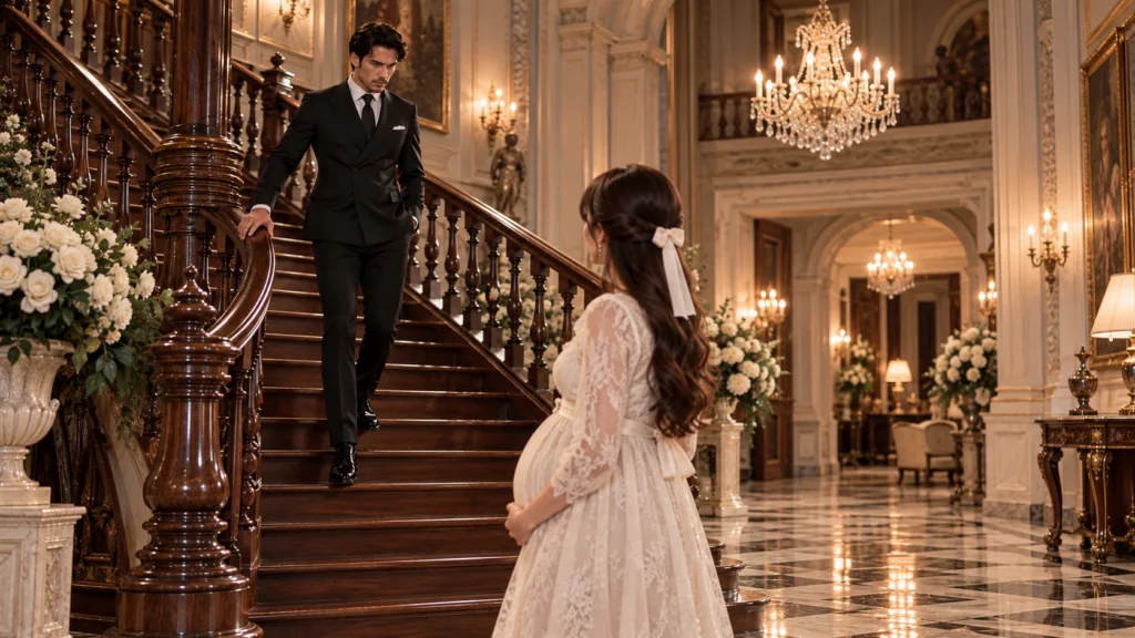 A man in a black suit descends a grand wooden staircase looking downwards Facing him is a pregnant woman in a flowing wh