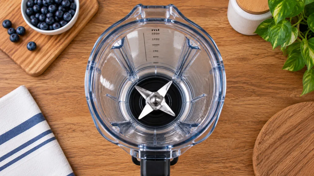 An empty clean blender jar on a wooden countertop with a bowl of fresh blueberries in the softly blurred background sugg