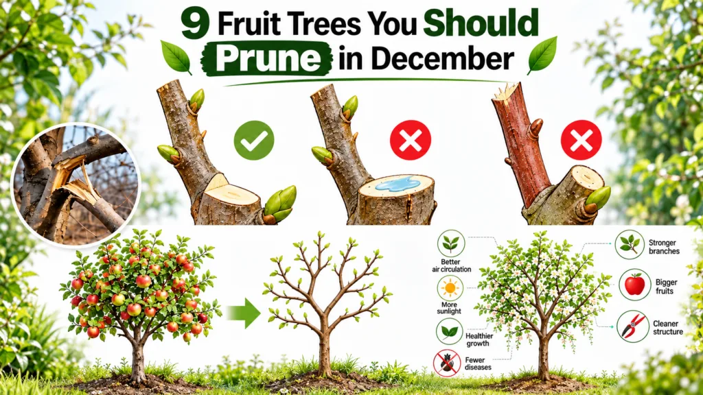 An infographic illustrating correct and incorrect fruit tree pruning techniques showing precise cuts and examples of hea