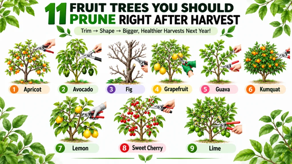 Infographic showing 9 different fruit trees Apricot Avocado Fig Grapefruit Guava Kumquat Lemon Sweet Cherry Lime being p