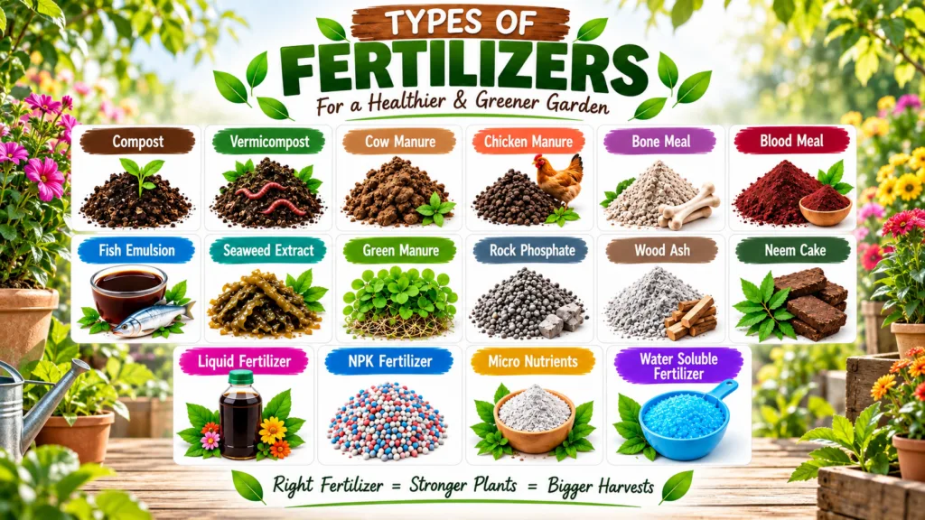 An infographic showing 16 types of fertilizers for a healthier and greener garden including organic and inorganic option