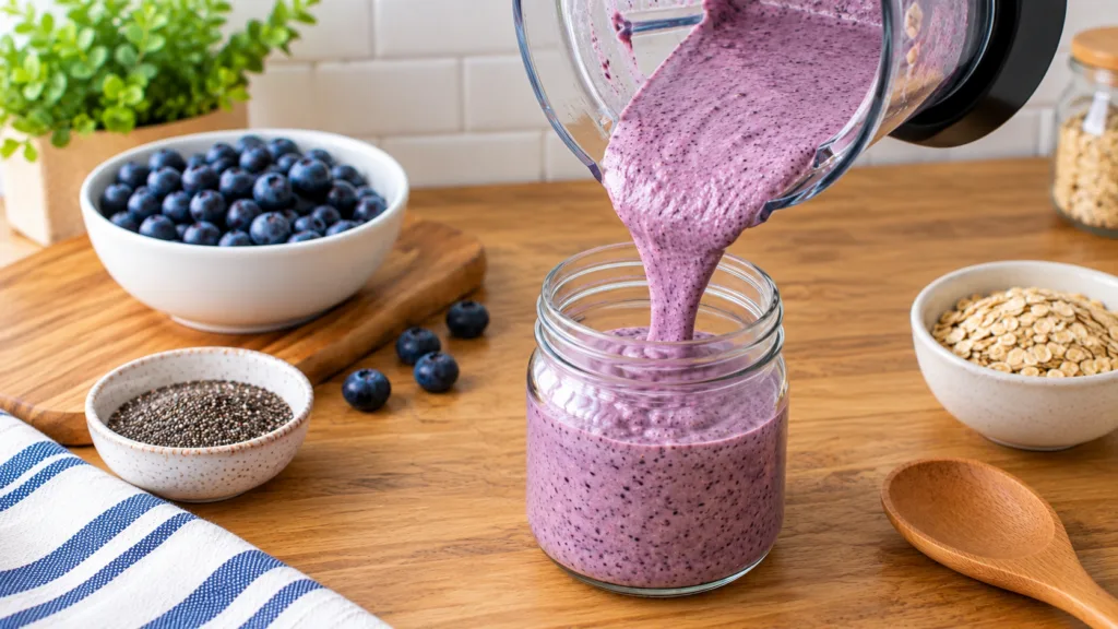 A vibrant blueberry smoothie being poured from a blender into a glass jar on a wooden countertop with fresh blueberries 